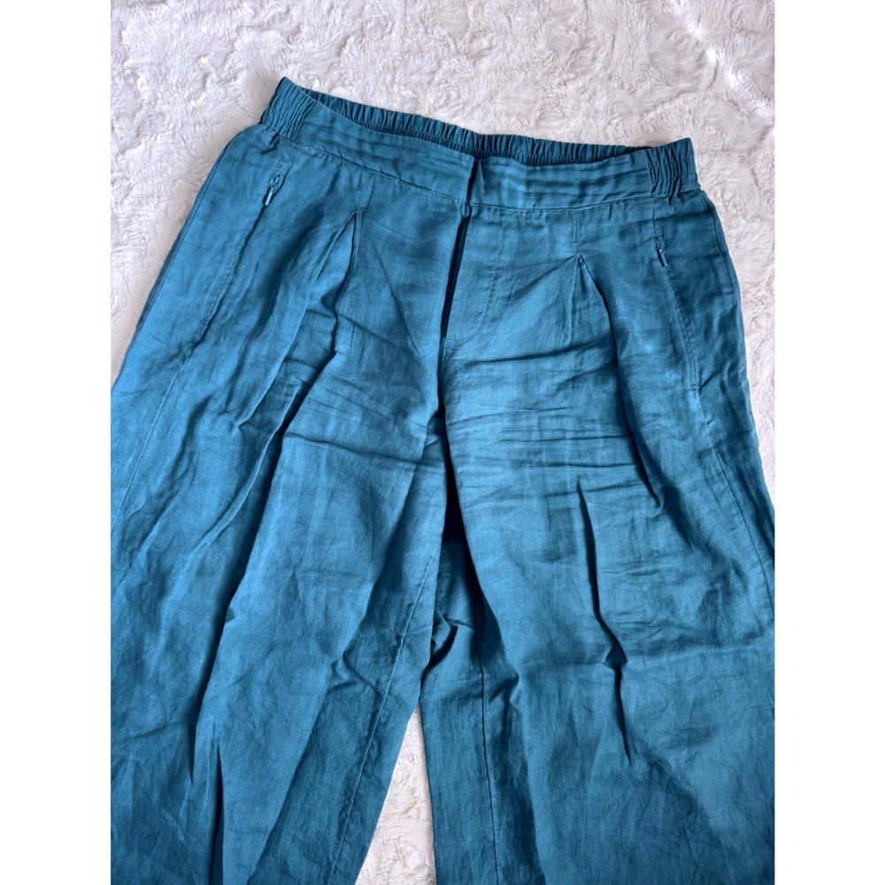 ATHLETA Pants Womens Playa 100% Linen Wide Leg Crop 12 P Zip Pockets Teal Green - Picture 2 of 12